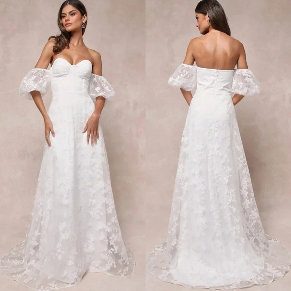 NWOT‎ Lulus Romantic Dedication White Floral Off-the-Shoulder Gown - Picture 1 of 11